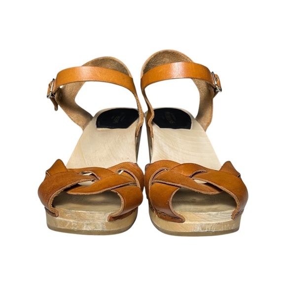 Swedish Hasbeens Kringlan Wood Clogs Heels Tan Woven Leather Sandals EU 39 US 9 - Picture 8 of 13